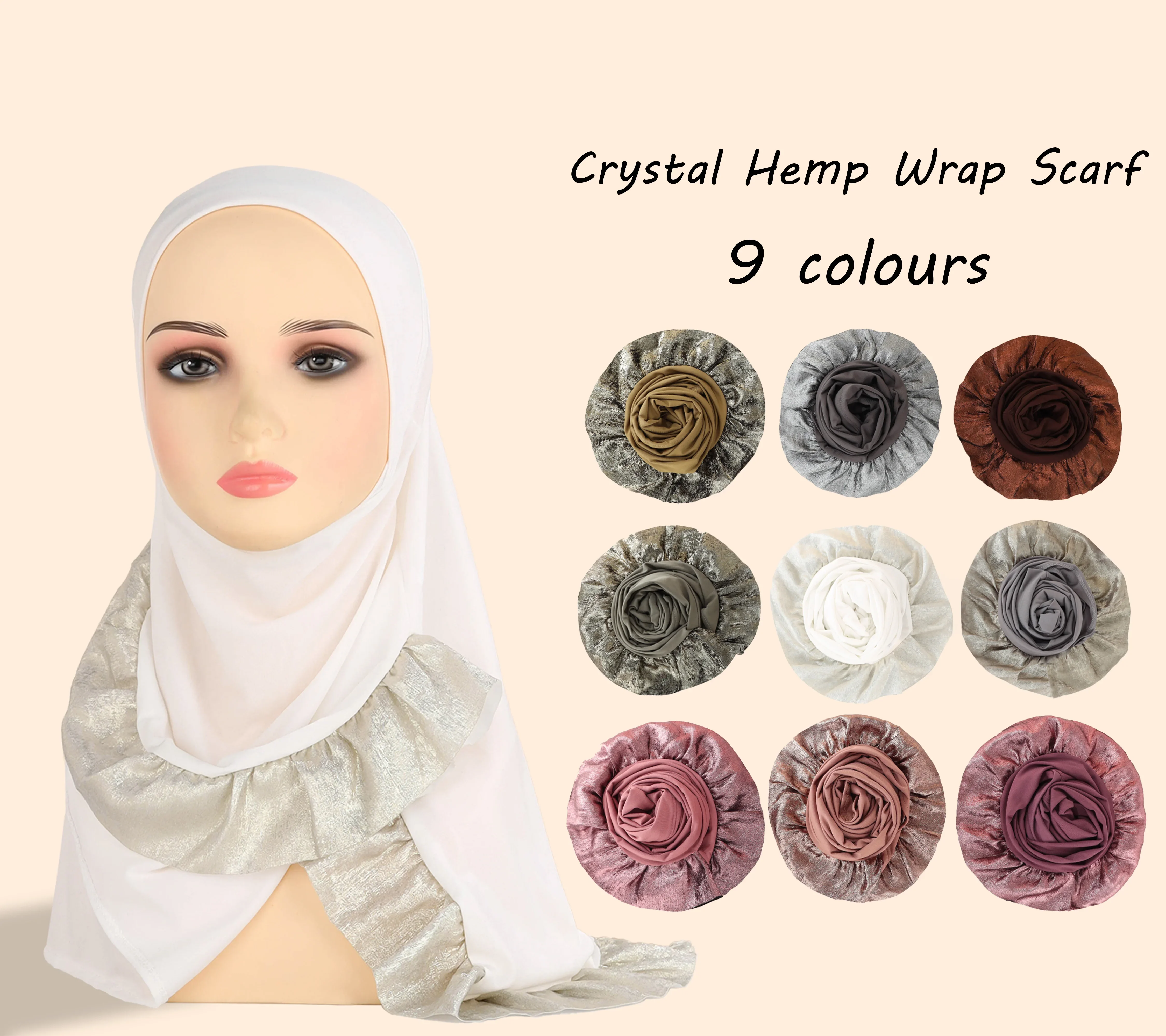 Crystal Hemp Wrap Scarf Hijab Ruffled Lace Right Split Solid Colour Women's Pullover Hijab 9 Colour Scarf Chiffon Hijab   Scarf