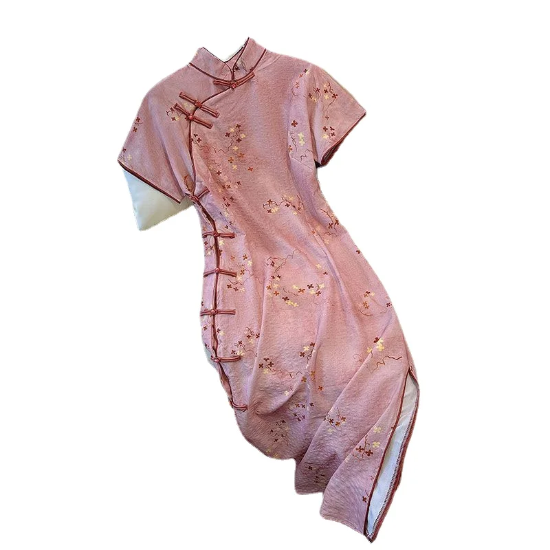 

New Mid Long Women Pink Cheongsam Summer Short Sleeve Slim Vintage Dress Party Costume S To XXL Qipao High Quality