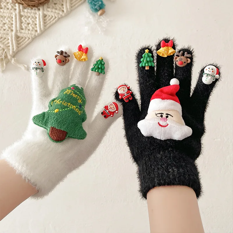 2025 neue Cartoon-Weihnachtshandschuhe, Plüsch, warm, Schneemann, Weihnachtsbaum, Elch, Dekoration, Männer und Frauen, Winter, Outdoor, Fünf-Finger-Handschuhe