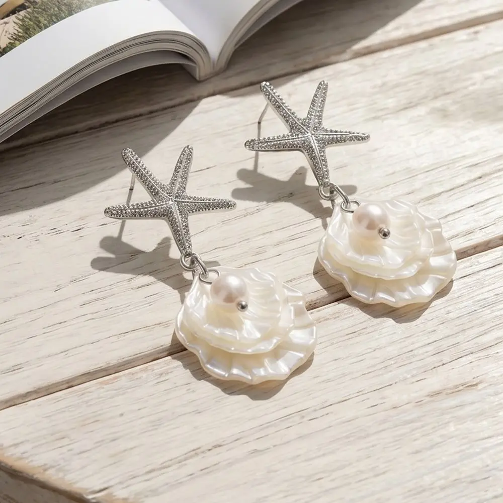 Zinc Alloy Shell Dangle Earrings Bohemian Tassel Beach Style Earrings Vintage Imitation Pearl Starfish Pendant Earrings Vacation