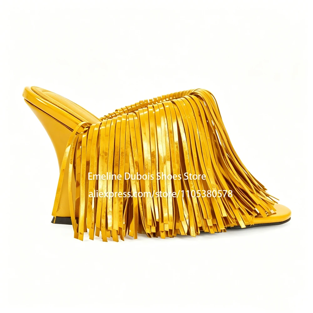 Blue Patent Leather Fringe Wedge Heel Mules Open Peep Toe Slip On Irregular Heel Sandals Nightclub Party Runway Shoes for Women view 6