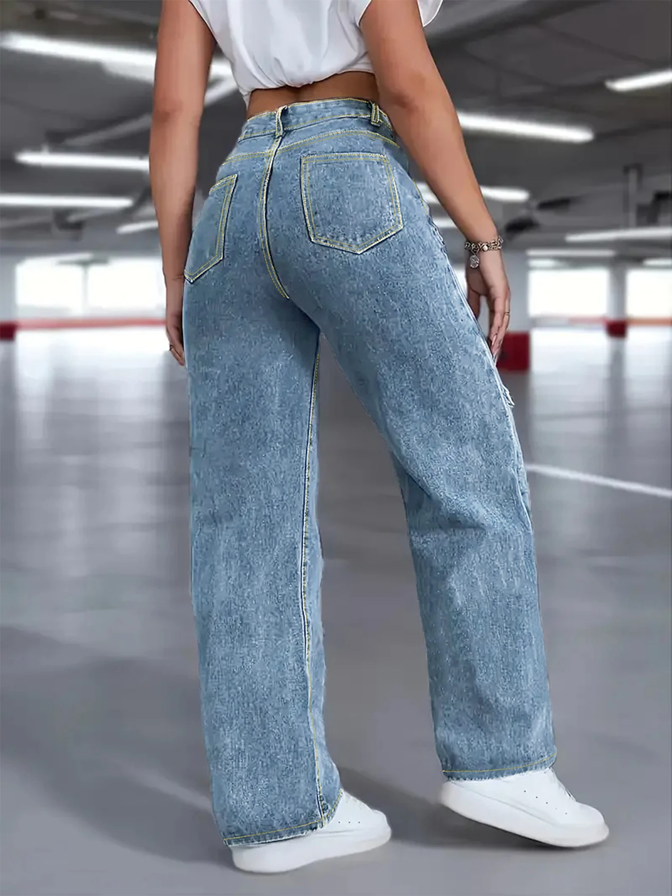 

Женские джинсы больших размеров с завышенной талией, потертый дизайн с пятиконечной звездой, удобные женские прямые брюки больших размеров.