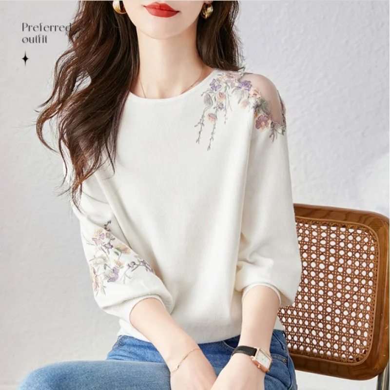 

Вязаный свитер с вышивкой, модный женский трикотаж с короткими рукавами, новый весенне-осенний тонкий женский пуловер, женские топы