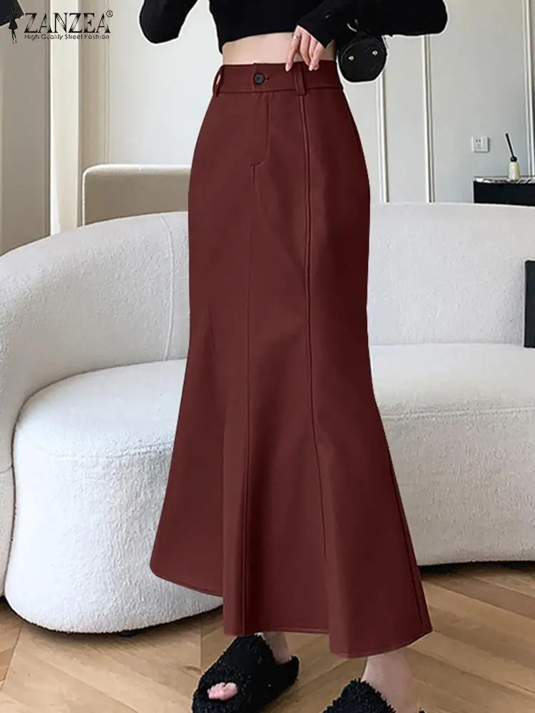 

ZANZEA Vintage Fishtail Skirt High Waist Women PU Leather Wrapped Hips Maxi Jupe Fashion Solid Faldas 2024 Autumn Skirt Oversize