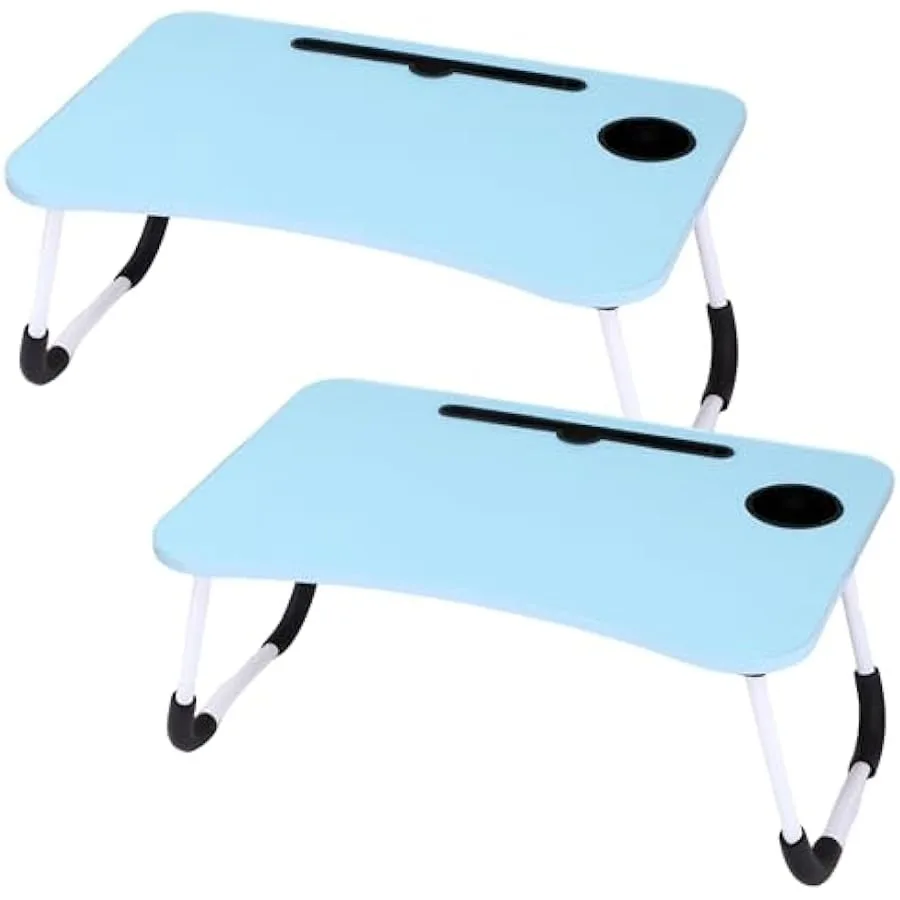 2-Pack Blue Compact Bedside Laptop Table for Reading Writing Cup Holder Foldable Laptop Table Breakfast Serving Bed Tray Lap De