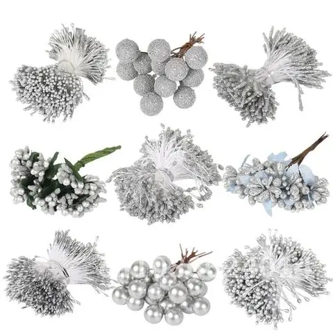 1 Warm Home Decoration Silver Color Stamen DIY Party New Year Party Silver Ball Charms Packet Hot Plastic Artificial Flower