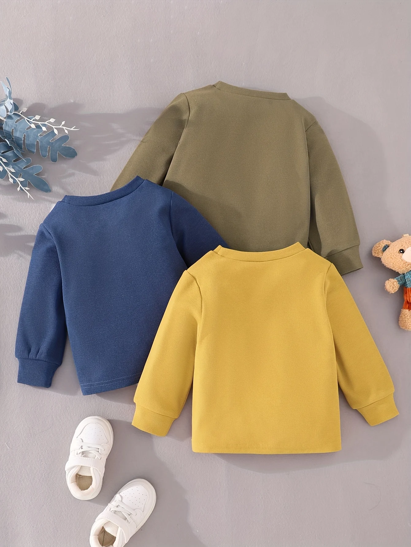 3 Sets Baby Boy Spring And Autumn Cute Bear Stick Cloth Embroidered Waffle Collar Long Sleeve Base Shirt 3 Warm Solid Color