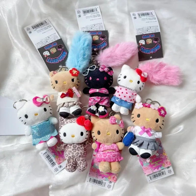 

Sanrio Черная кожаная кожа Hello Kitty Розовый леопардовый купальник стиль плюшевые игрушки Подвеска Милый ангел Китти кошка Мягкая кукла Брелок для ключей