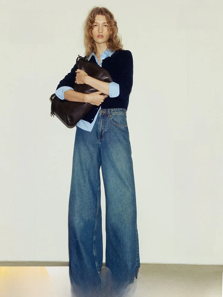 

High Waist Wide Leg Denim Jeans Fashionable Elegant Summer New Arrival Women's Clothing H&M Casual Style Cotton Lyocell Fiber