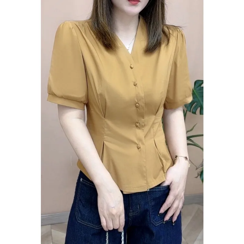 

Женская блузка во французском стиле с коротким рукавом, элегантная, приталенная, с пышными рукавами