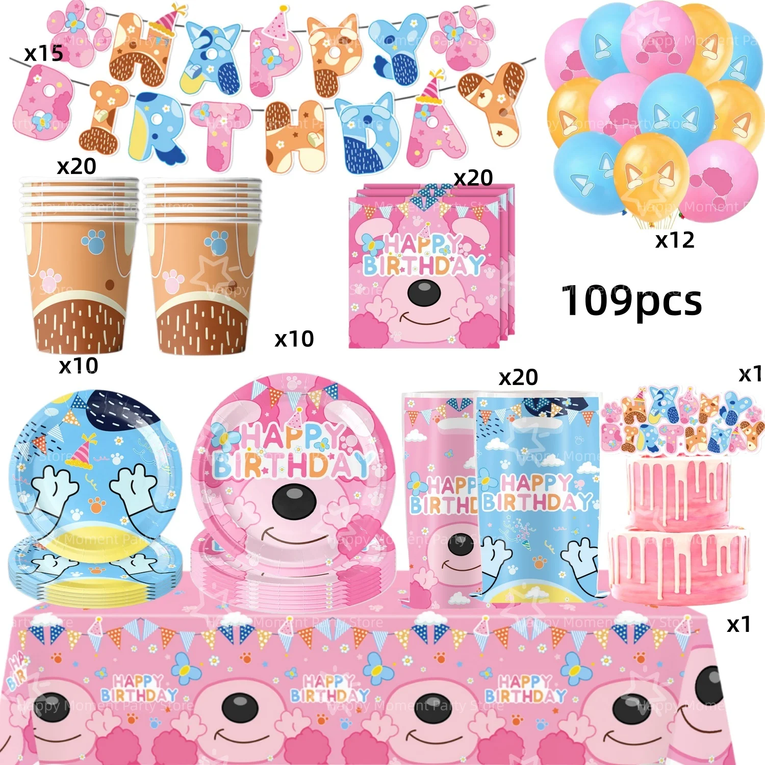 Cartoon Blauwe Hond Bingo Verjaardagsdecoratieset Hondentafelkleed Beker Bord Servet Cadeautasjes Babyshower Kinderfeestje Favorieten Benodigdheden
