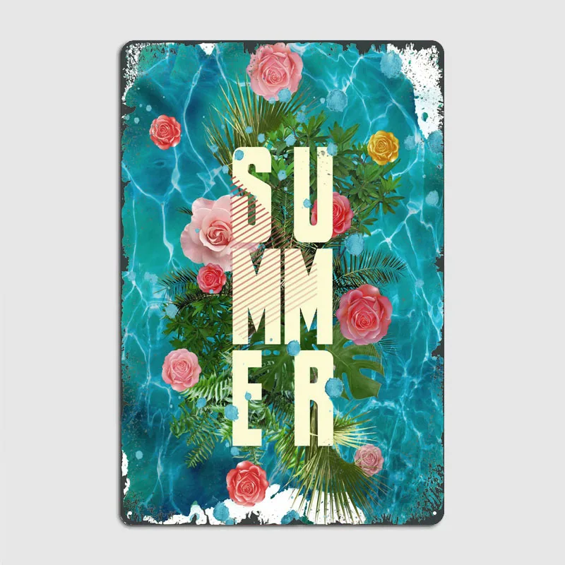 Summer Collage With Flowers Tinplate Sign Text Art Retro Metal Signs for Wall Decoration House Decor Bath Room Decor Aesthetics