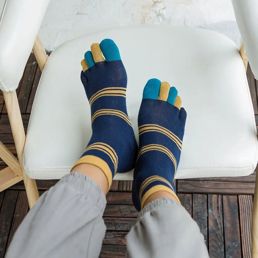 Soft Casual Striped For Men Middle Tube Cotton Toe Socks Five Finger Socks Crew Socks Male Hosiery