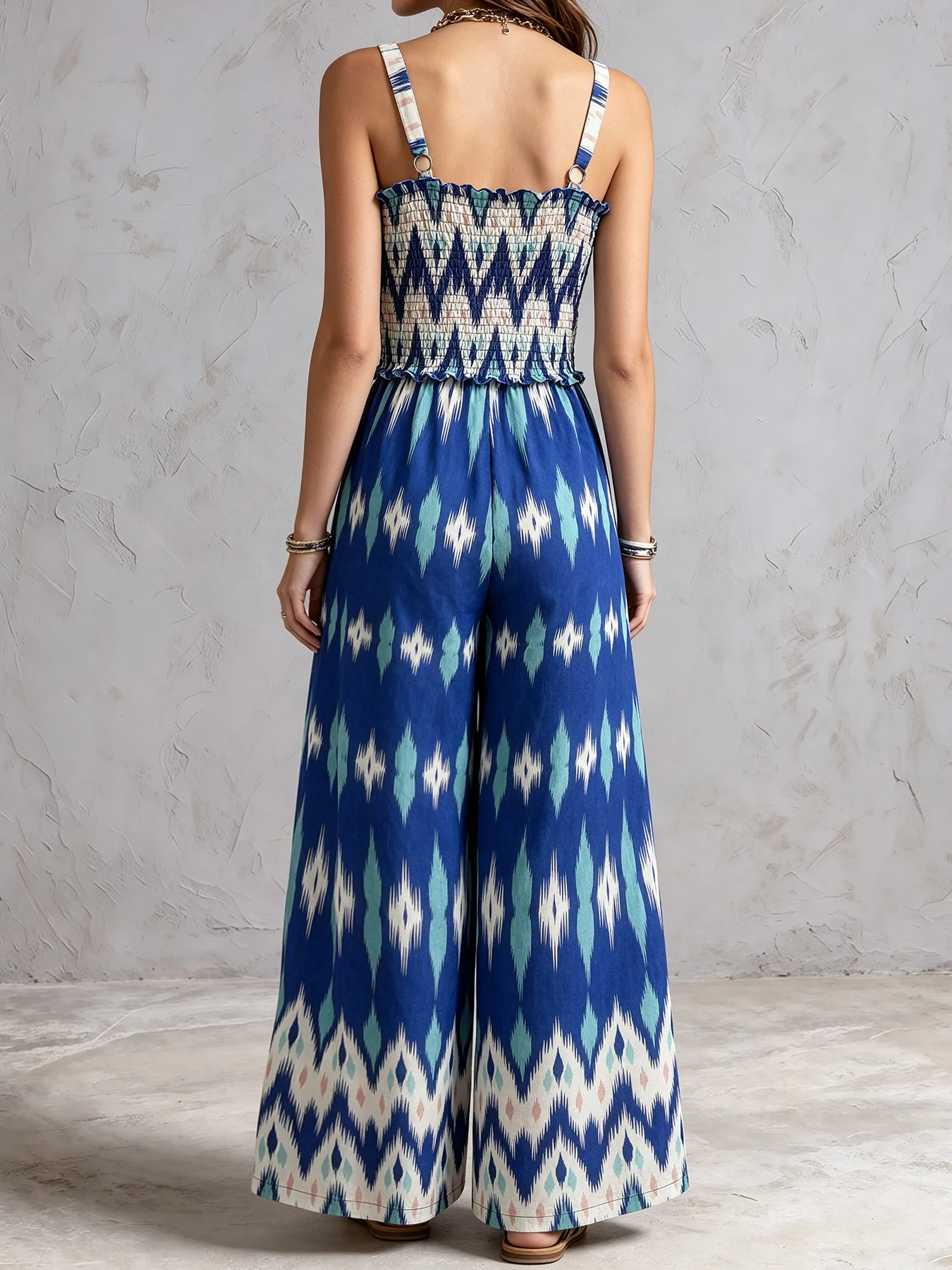 Boho Ethnic Tribal Print Spaghetti Strap Elastic Waist Palazzo Jumpsuit For Women