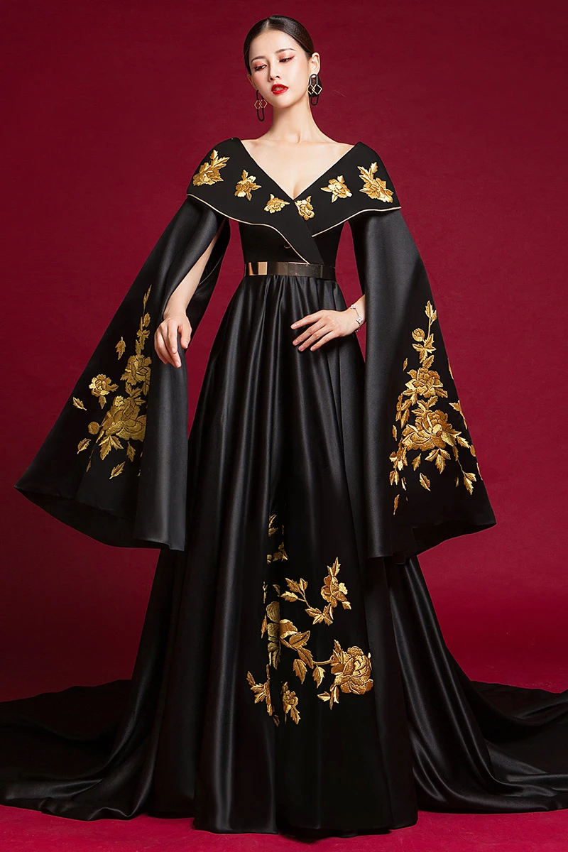 100%real luxury black/white golden embroidery beading long cloak with dress gown cosplay/studio/stage