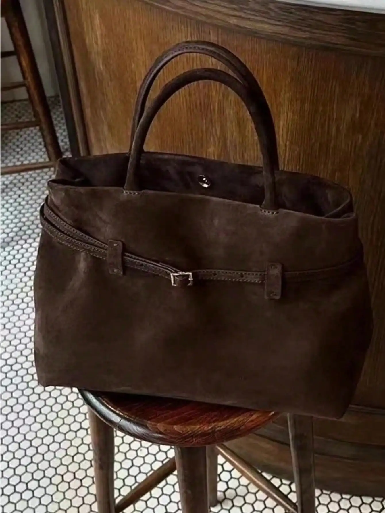 

Large Capacity Suede Top-Handle Tote Bag, Vintage-Inspired Brown Shoulder Bag for Women