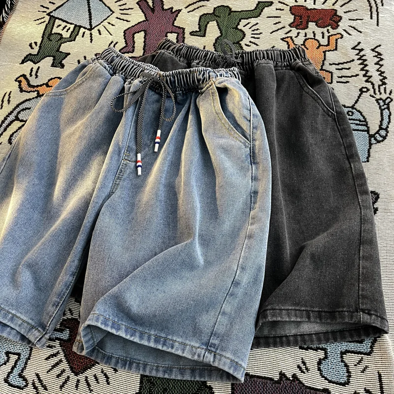 Celana Pendek Denim Biru Musim Panas Pria Celana Longgar Kasual Saku Solid High Street Amerika Baru Celana Panjang Serut Serbaguna Mode