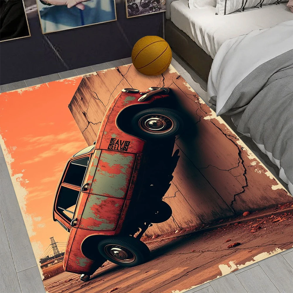 Vintage Classic Car Area Rug Retro Rustic Truck Floor Mat Anti-Slip Carpet for Garage Bedroom Automotive Enthusiast Home Decor