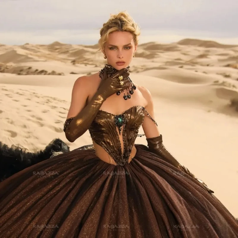 

Brown Shiny Quinceanera Dresses Off The Shoulder Sequin Beading Crystal Tiered Tull Party Birthday Sweet 16 Dress Vestidos 15