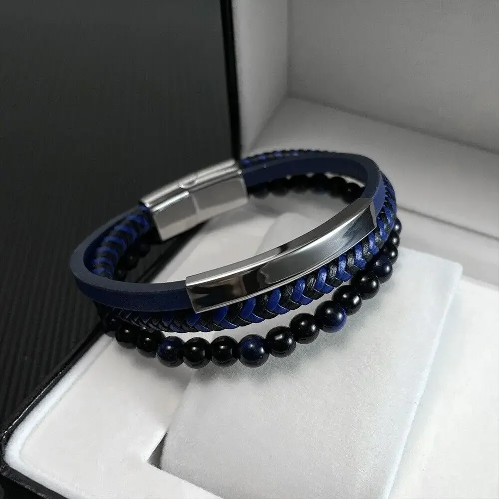 

Blue-Black Weaving Combined Multi-Layered Beaded Handmade Woven Leather Men's Bracelet Charm Bracelet