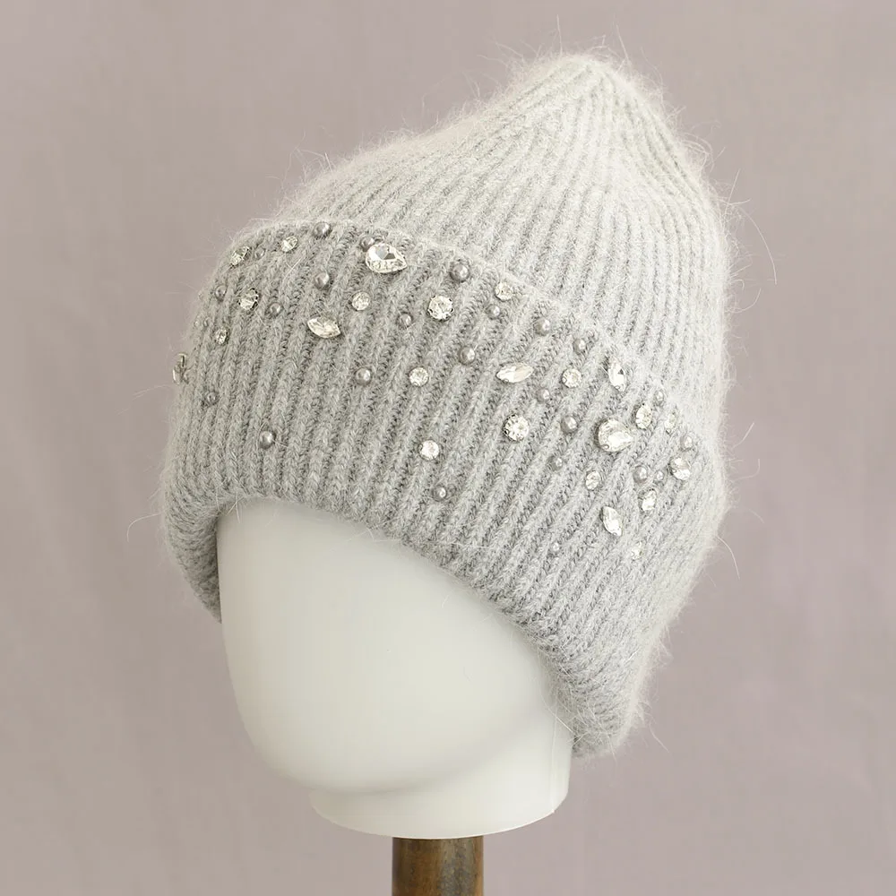 Angora Hat Rhinestone Women Winter Knit Beanie Warm Accessory For Autumn Cold Weather Skiing Outdoor Sports Holiday