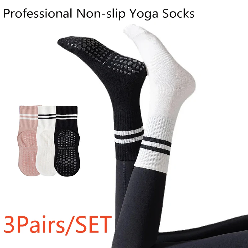 

Socks 3pairs Yoga Mid-tube Women Cotton Professional Non-slip Silicone Indoor Fitness Socks Floor Sock Dance Pilates Sports Sock