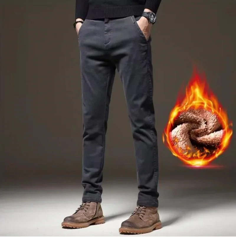 

Brand Clothing Winter Fleece Warm Casual Pants Men Cotton Elastic Waist Brown Grey Twill Work Slim Flocking Cargo Trousers Male