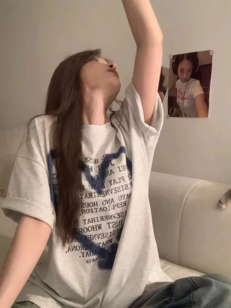 Koreańska Wyprzedaż Lato Nadruk Liter Okrągły Dekolt Krótki Rękaw T-shirt Damski 100% Czysta Bawełna Casual Modny Top