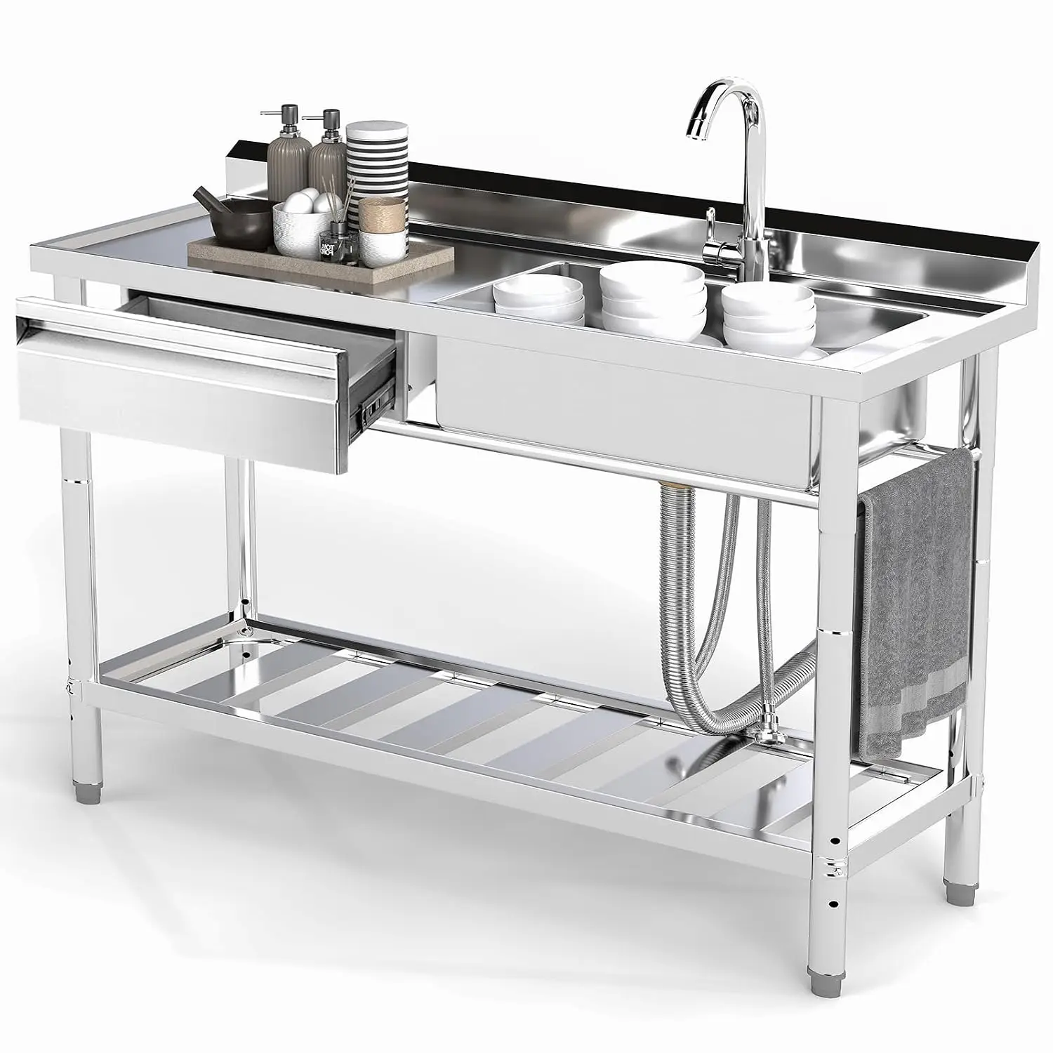 Stainless Steel Utility Sink, 47.2'' Free Standing Single Bowl Kitchen Sink with Cold and Hot Water Pipe, Left Drawer