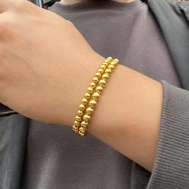 New Arrival 5/6mm Stainless Steel Beaded Bracelets For Women Men Gold Plated Stretchable Bangles Jewelry Christmas Gift