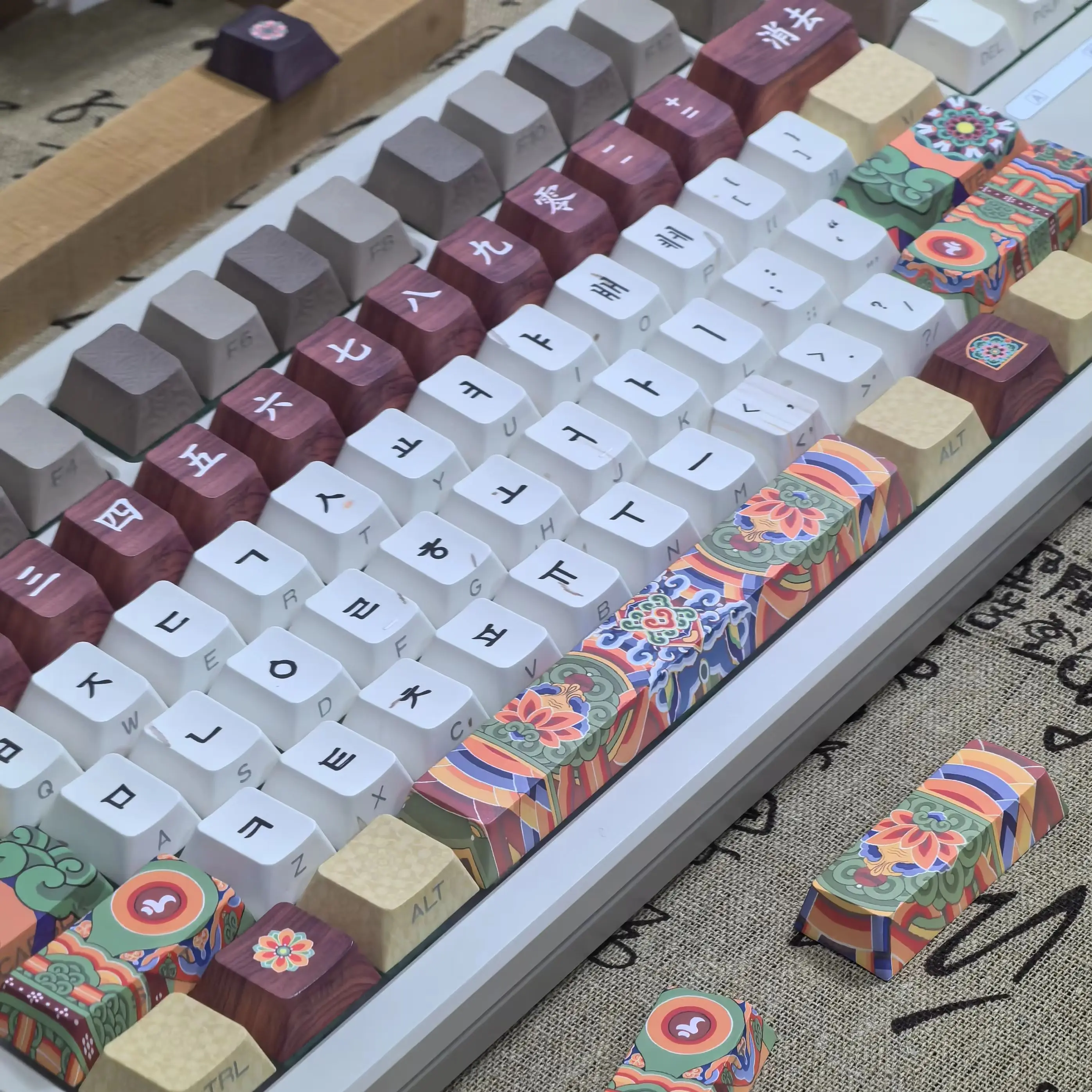 keycap coreano retro chines antigo arquitetura danqing lado gravado translucido pbt cereja l layout chave hangul keycaps 01