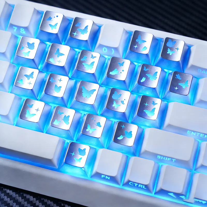 21Pcs Heart Butterfly Transparent Side‑Printed Keycaps Metallic Paint Magnetic Switch Mechanical Keyboard Replacement Key Caps