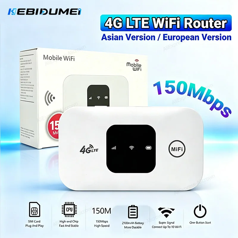 KEBIDUMEI 4G Modem Wireless Portable Router 150Mbps 2100mAh Mobile WiFi Routers EU/Asian Version WiFi Hotspot With SIM Card Slot