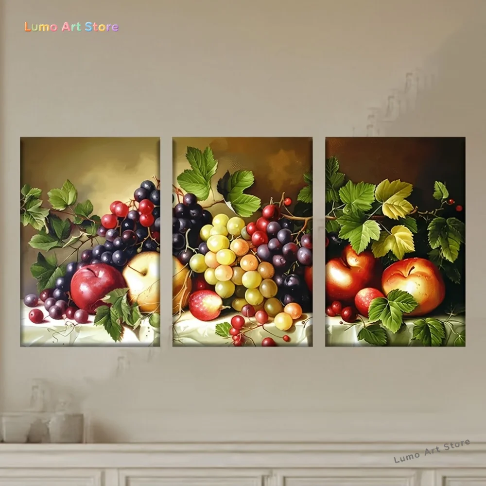 Set of 3, Unframed Canvas Artwork Featuring Retro Grapes And Apples, Ideal for Bars, Offices, And Living Rooms. Great for Bir