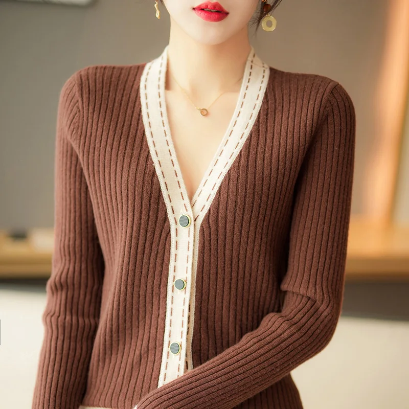 

Women's V-neck Long Sleeve Knitted Cardigan Sweater Spring Autumn 100% Wool Solid Color Soft Cardigans Female Loose Trendy Tops
