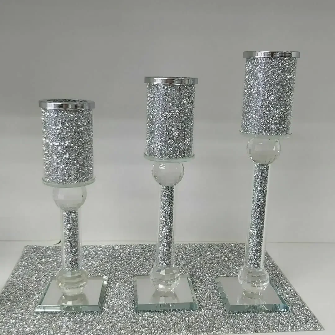 Silver Bling Mirror Glass Candlestick Holders with Crystal Crushed Diamond Sparkling Home Office Decor Luxury