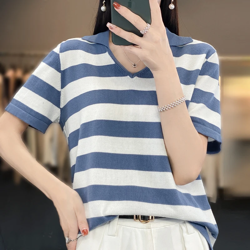 Summer New Pure Cotton Knit T-shirt Women's Design Feel Loose Polo Neck Short Sleeve Korean Fashion V-neck Stripe Contrast Top