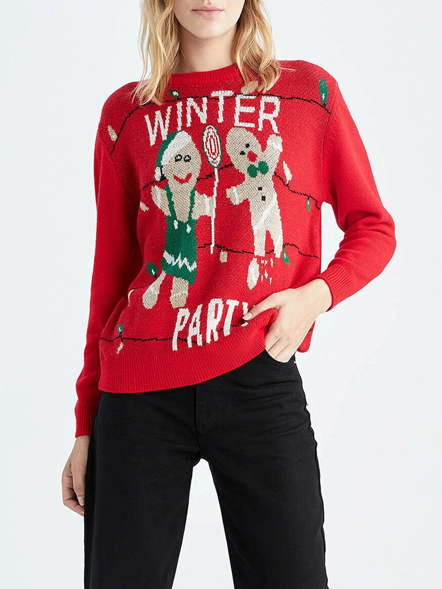 Women s Christmas Knit Sweater Long Sleeve Crewneck Letter Gingerbread Man Print Casual Knitwear