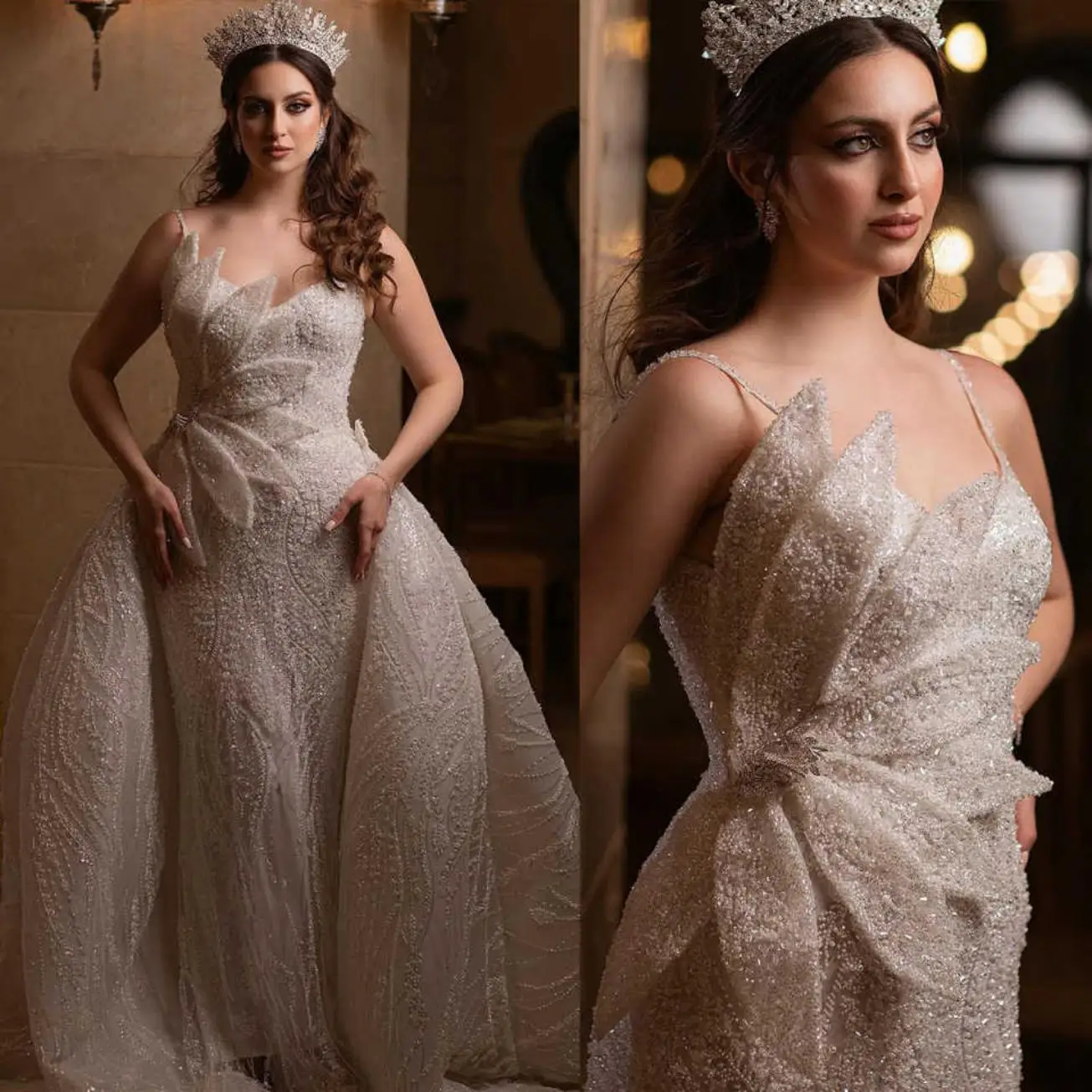 

Vintage Mermaid Wedding Dress Spaghetti Straps Sleeveless Bridal Gowns Appliques Sequins Detachable Train Dresses Custom Made