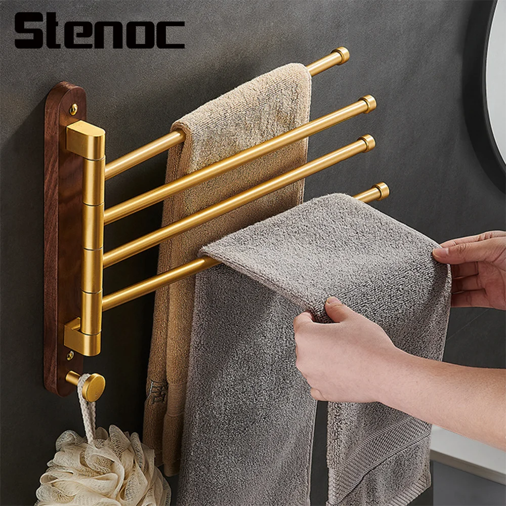 Bathroom Luxury Walnut Gold Rotating Towel Rack Space Aluminum Belt Hook Folding Bathroom Movable Towel Bar Bathroom Accessories