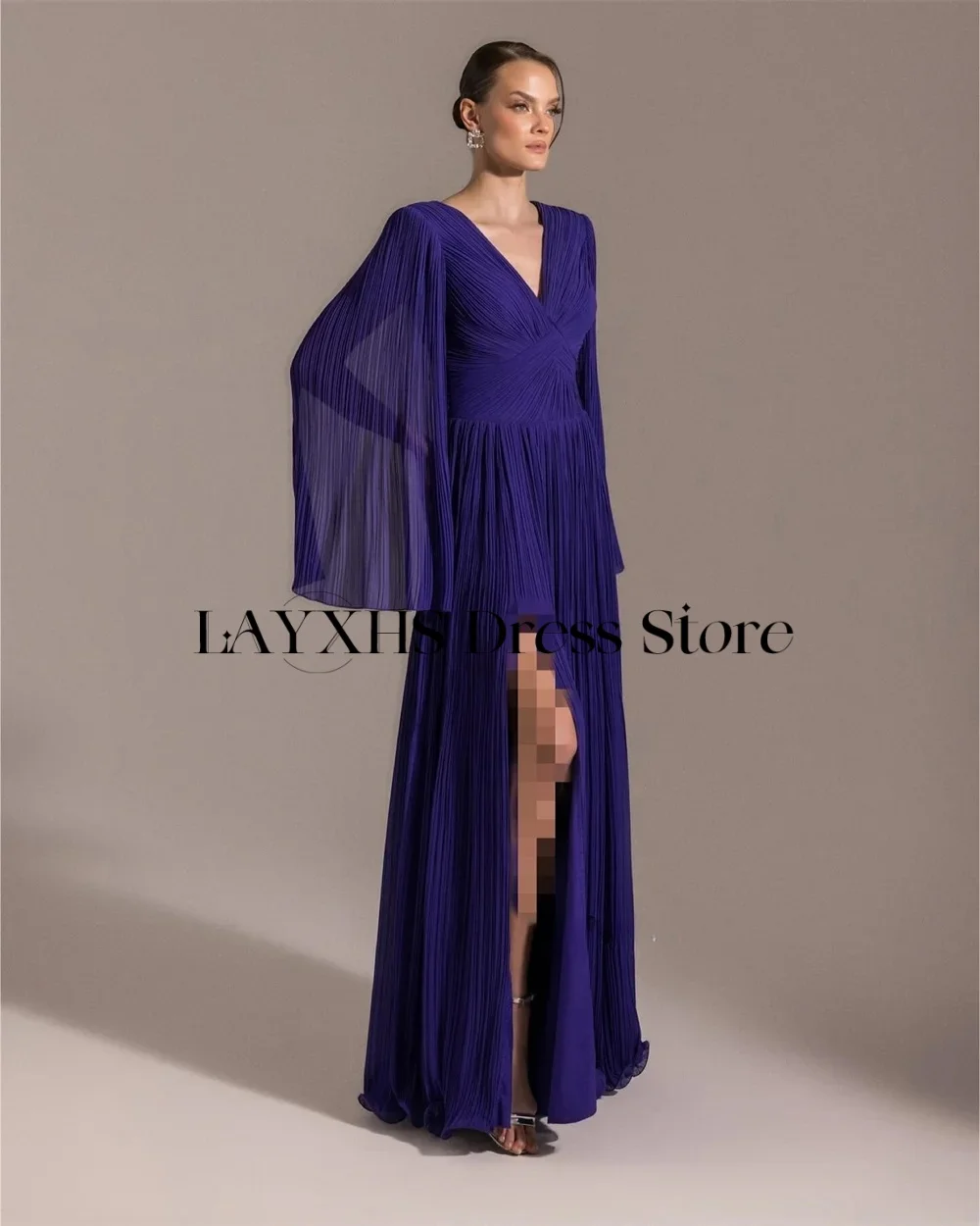 Eleganckie sukienki wieczorowe LAYXHS z dekoltem w serek, linia A, peleryna, rozcięcie boczne, plisy, długość do podłogi, sukienki na studniówkę, szyte na miarę فساتين سهره
