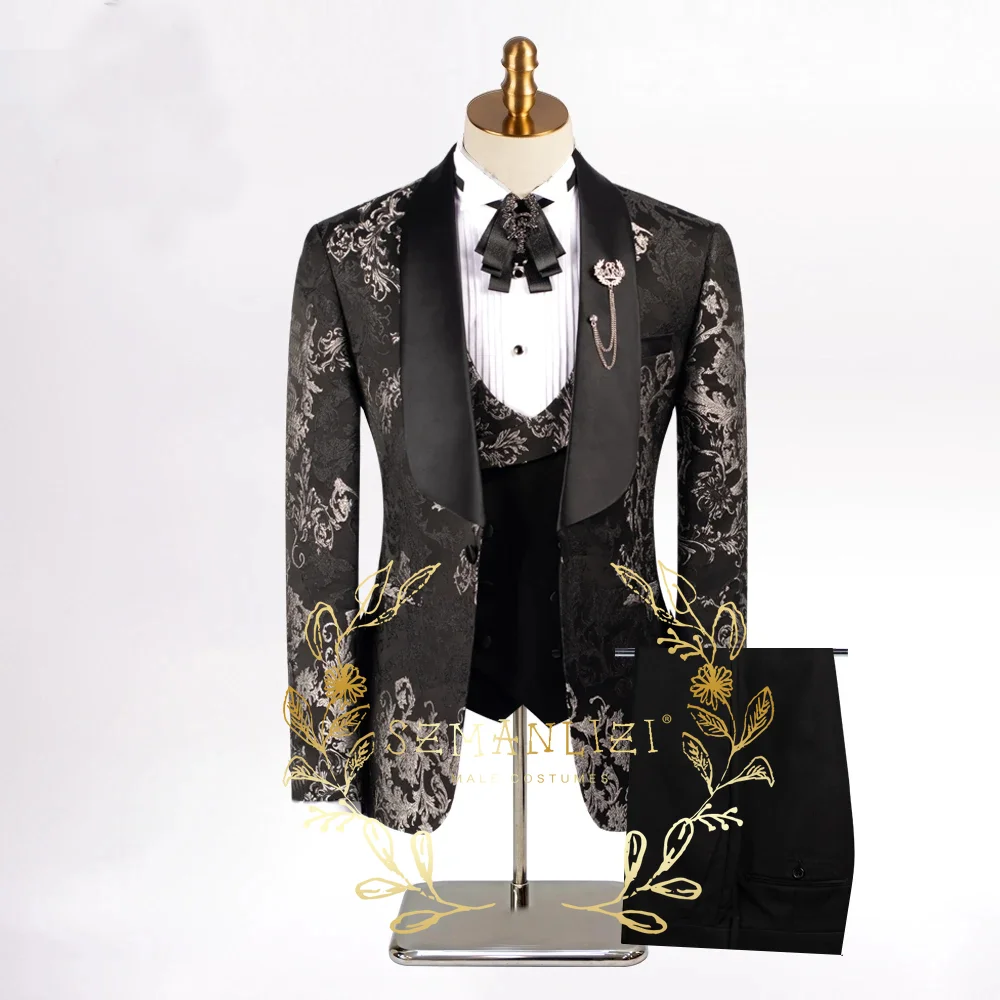 Handsome Floral Black 3 Pieces Set Classic Men Suits Blazer Vest Pants Shawl Lapel Formal Business Prom Wedding Dress