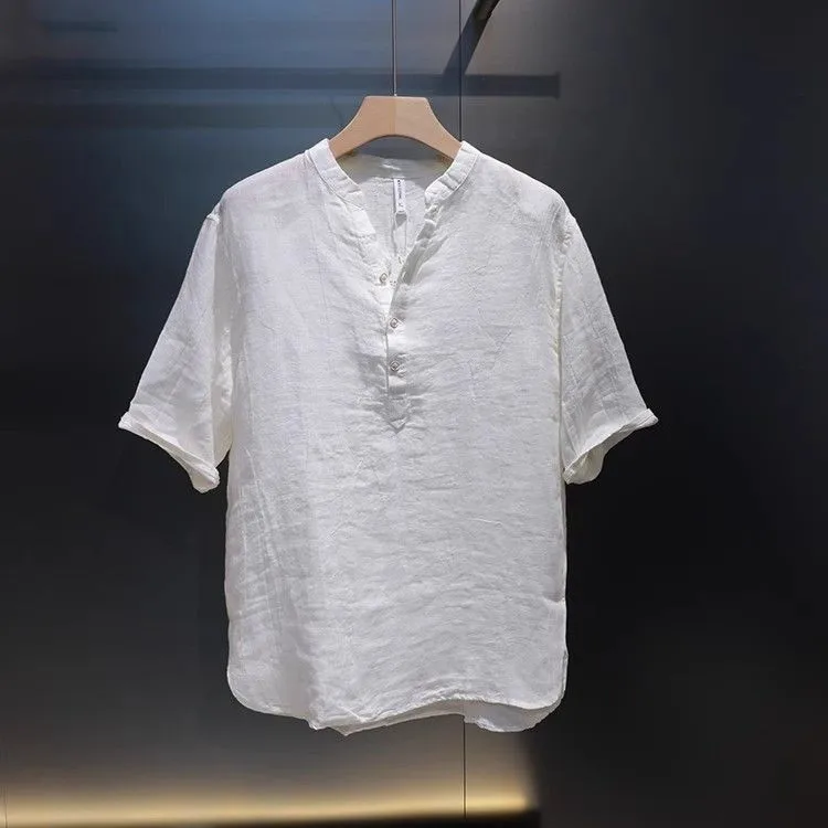 

Premium Feel Pure Linen Short Sleeve Shirt Men Loose Five Sleeve New Chinese Style Cotton Linen Shirt Summer Fashion City Walk