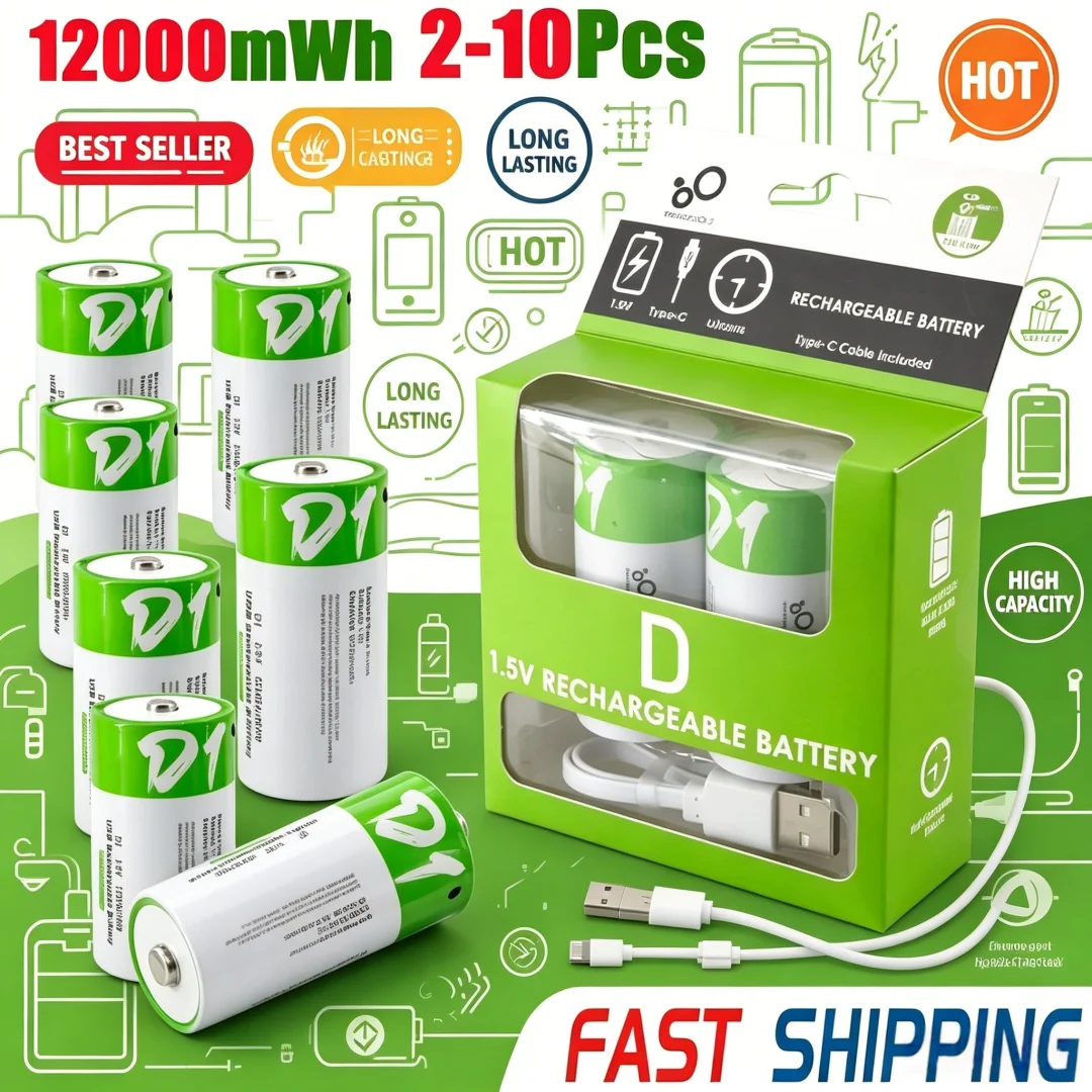 12000mWh 1.5V D Size LR20 Lithium Rechargeable Battery with Type-C Charging Cable, For Gas Stoves and Water Heaters Etc...