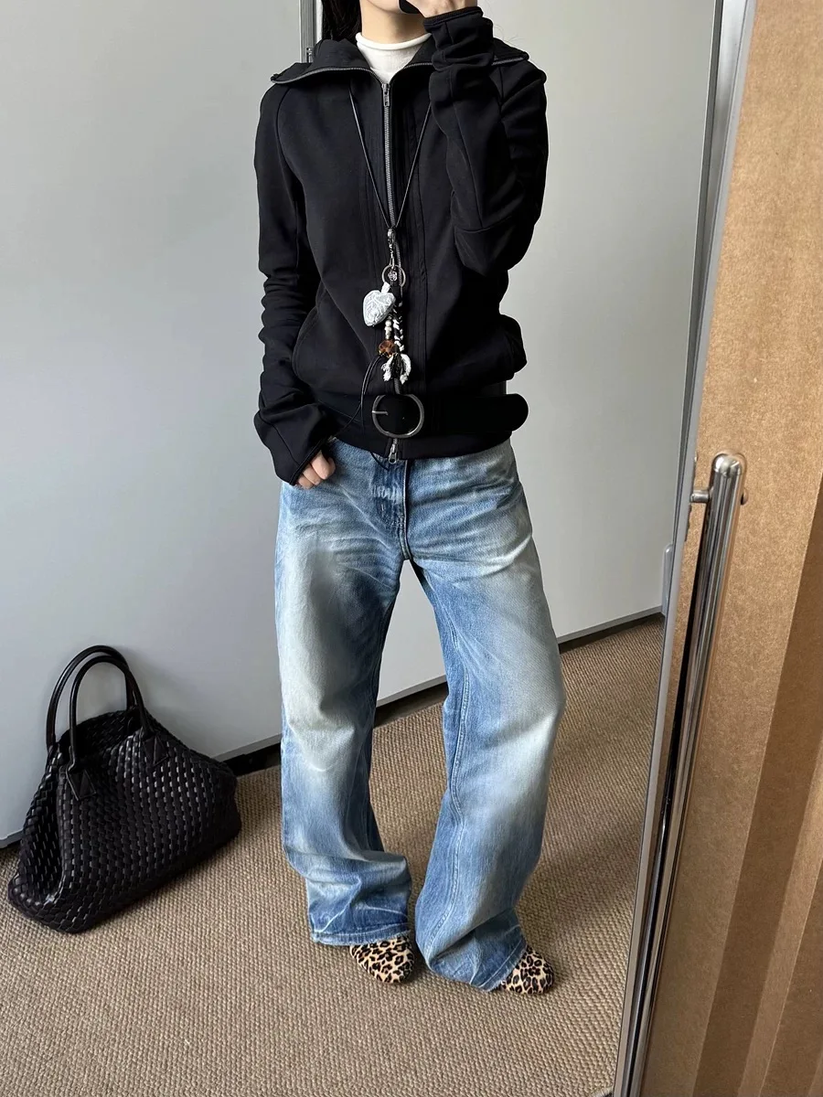 

Taichiism High Waist Loose Fit Denim Jeans Natural Yellow Wave Pattern Vintage Blue Casual Straight Leg Jeans