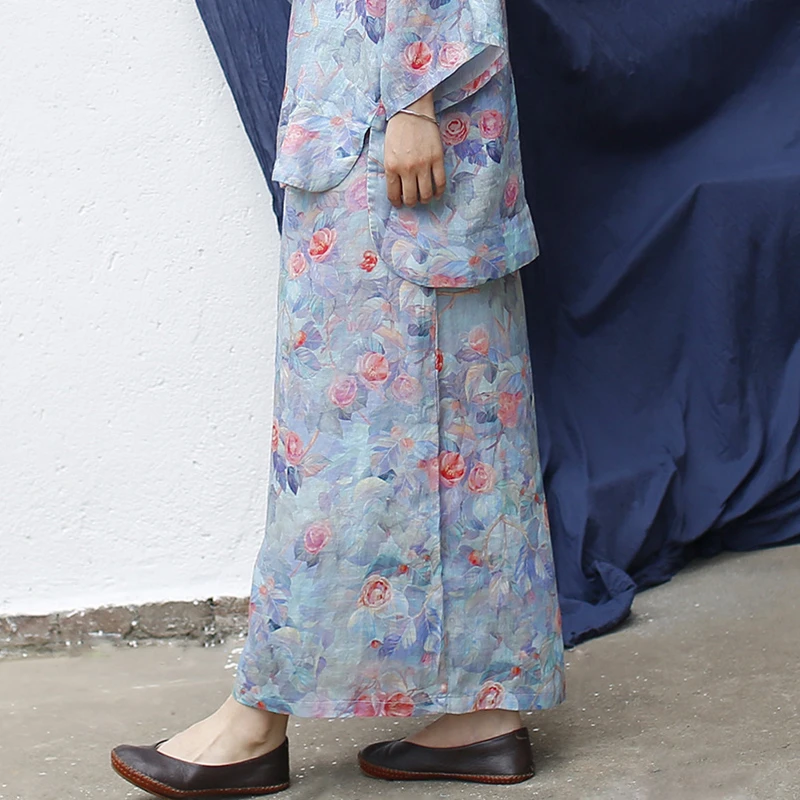 

High Waist Linen Long Skirt Women New Arrival 2025 Summer Chinese Style Vintage Floral Print Loose Female Casual Skirts M1681