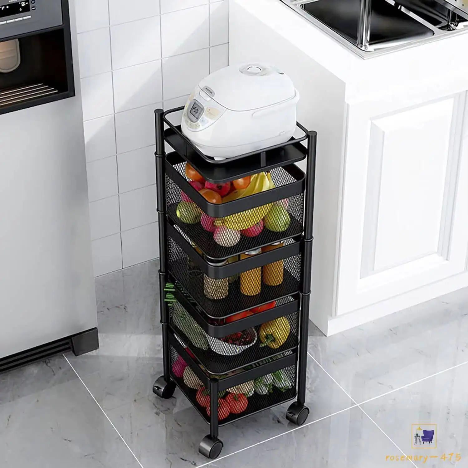 رف الخضار، طبقة رف المطبخ المتنقلة، تخزين دوار، 6 عربة #2