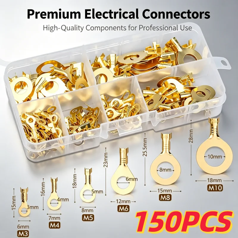 150PCS M3-M10 Ring O Type Cold Press Wire Terminal Kit Copper Lug Cable Crimp Connector Ring Electrical Wiring Terminals for Ind