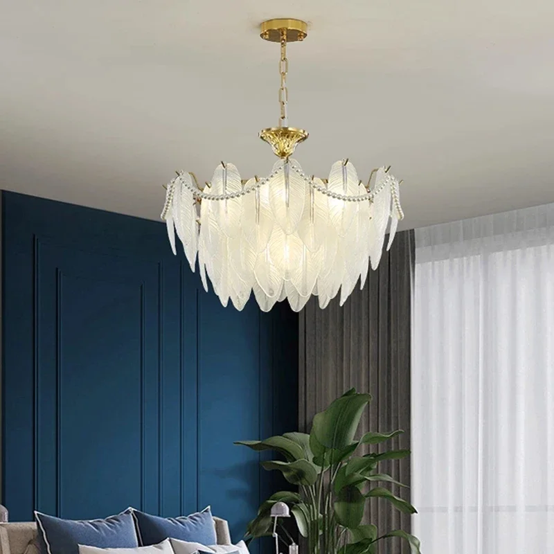 Modern Pearl Feather Glass Chandelier, Luxo Crystal Pendant Lamp, Quarto, Jantar, Home Decor, Cozinha, Designer teto Fixture