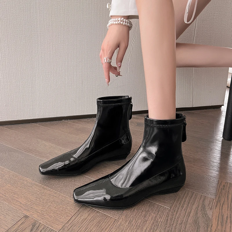 

2026 новые осенне-зимние женские ботильоны высотой 22-24,5 см, современные ботинки из микрофибры с квадратным носком, короткие ботинки на низком каблуке с молнией сзади